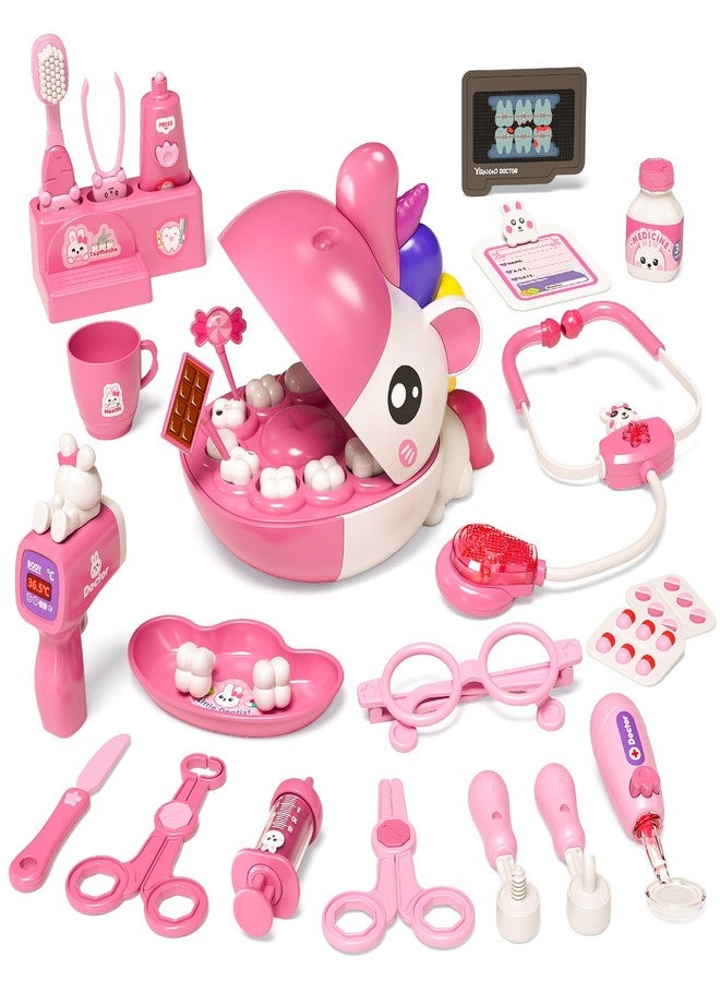 MEWOCHEE 34 PCS Dentist Play Set Toys for Girls, Doctor Kit for Kids Toddlers Ages 2-4 3-5, Pretend Play Toy for Girl Age 4-6, Dentist Toy with Light & Sound, Birthday Gifts for 3 4 5 6 7 8 Year Old Girls - Image 1